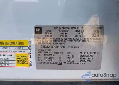 2017 Chevrolet Traverse 1Lt from USA, damaged, VIN 1GNKVGKDXHJ187568